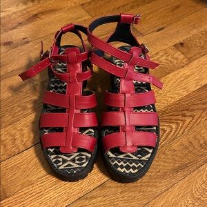 Red Strappy Sandals with Patterned Insole